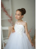 Beaded White Lace Tulle Sheer Back Flower Girl Dress